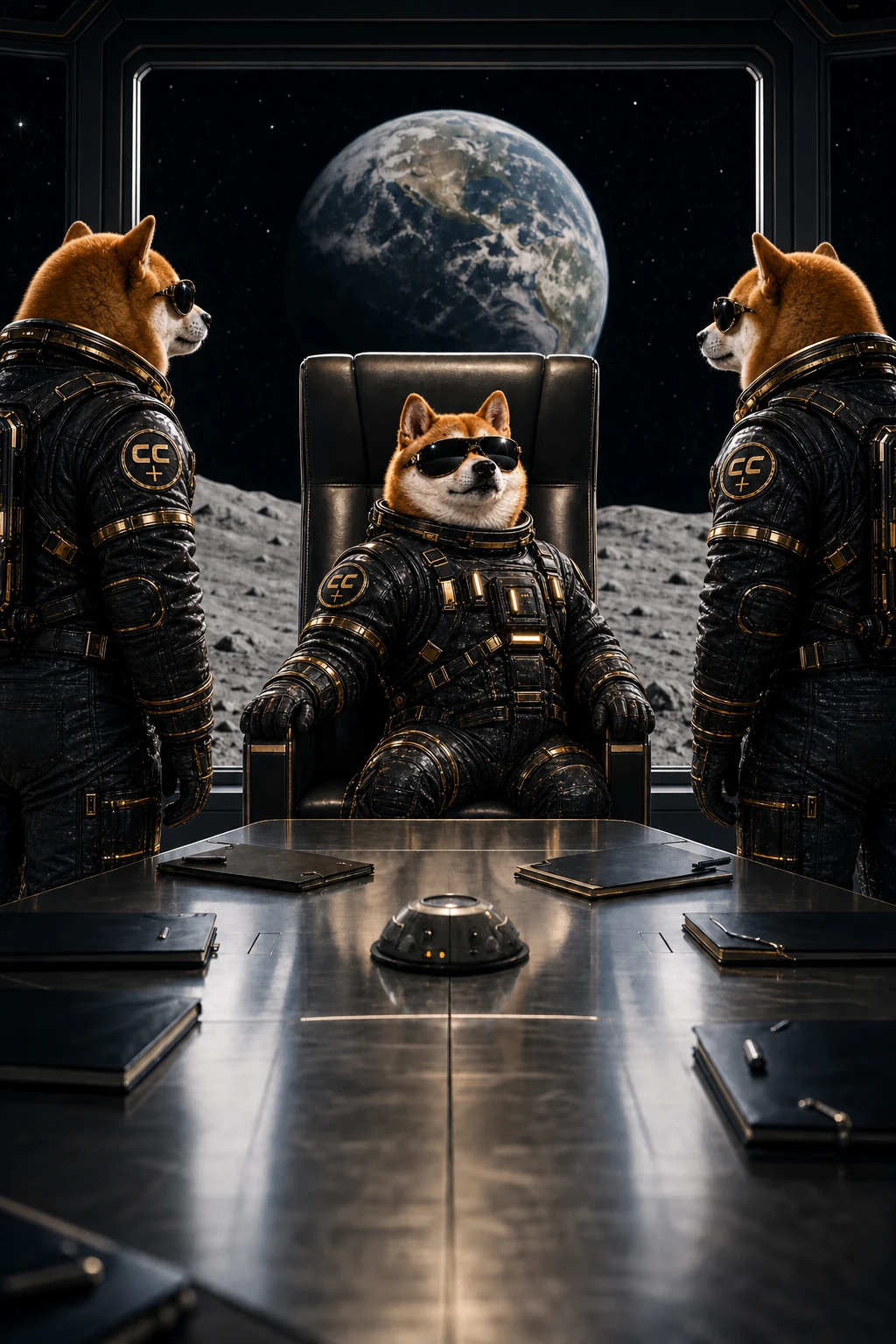 Official INULABS mascot occupying the head chair of a lunar boardroom while two astronauts stand nearby in black sunglasses and a black-and-gold suit