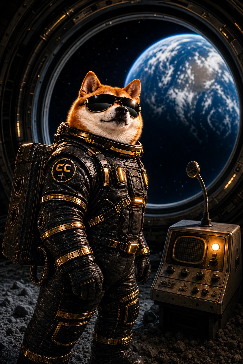 Official INULABS mascot turning away from Earth beside a lunar communications console in black sunglasses and a black-and-gold suit