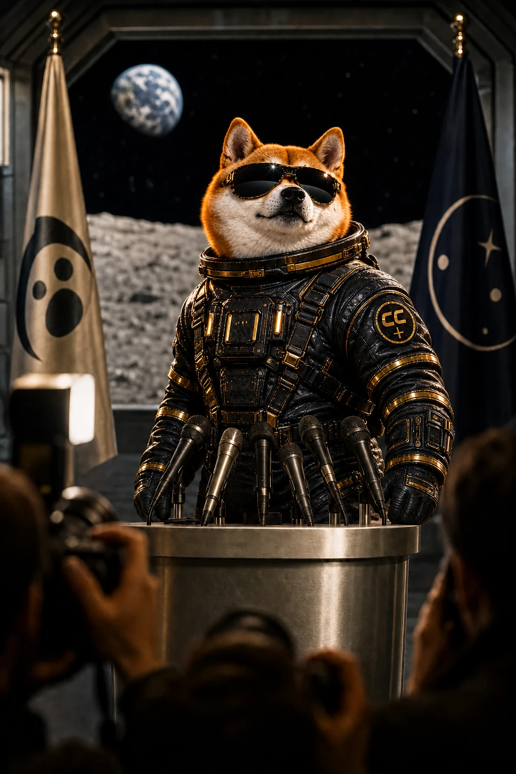 Official INULABS mascot giving a deadpan press briefing behind a podium full of microphones in black sunglasses and a black-and-gold suit