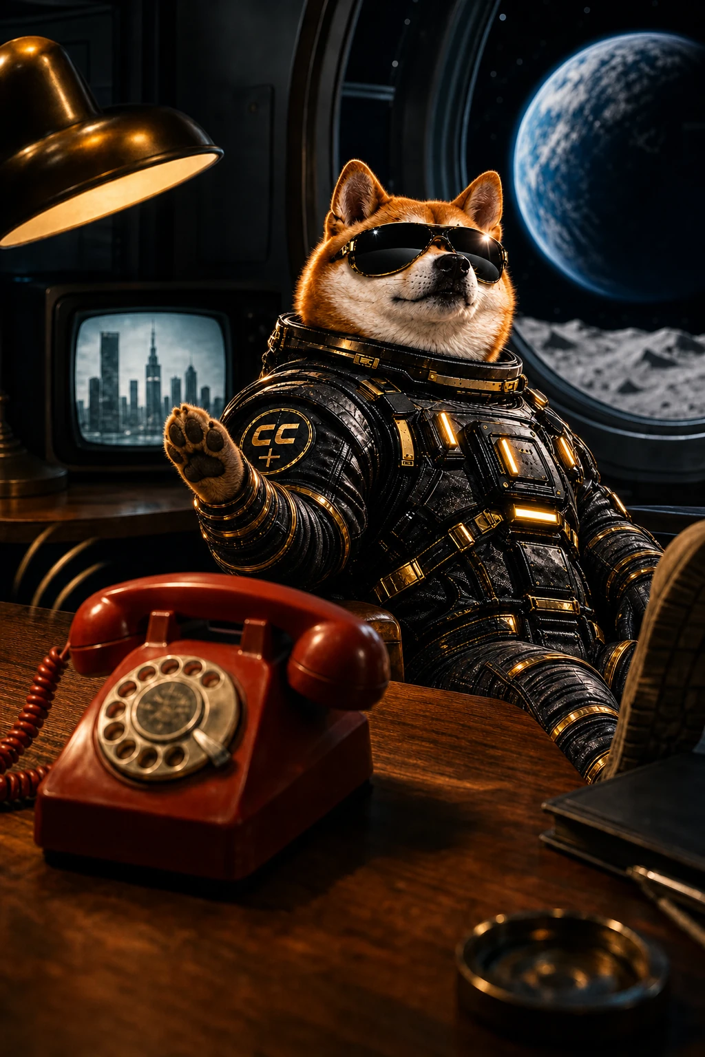 Official INULABS mascot ignoring a red telephone on his moonbase desk in black sunglasses and a black-and-gold suit