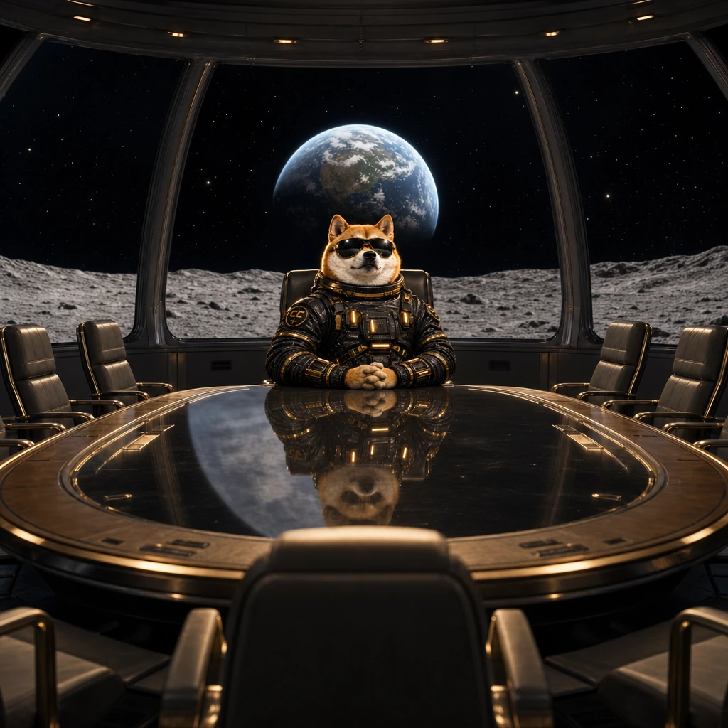 Official INULABS mascot leading a meeting in a glass-domed lunar boardroom in black sunglasses and a black-and-gold suit