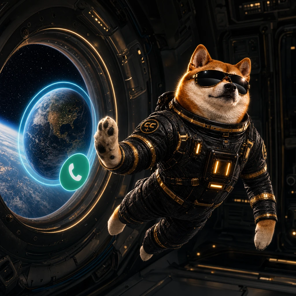 Official INULABS mascot floating past an incoming call from Earth in black sunglasses and a black-and-gold suit