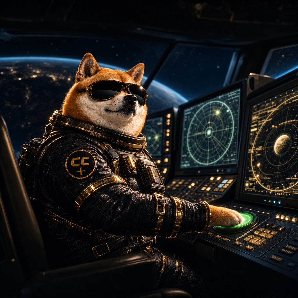 Official INULABS mascot operating glowing controls in lunar mission control in black sunglasses and a black-and-gold suit