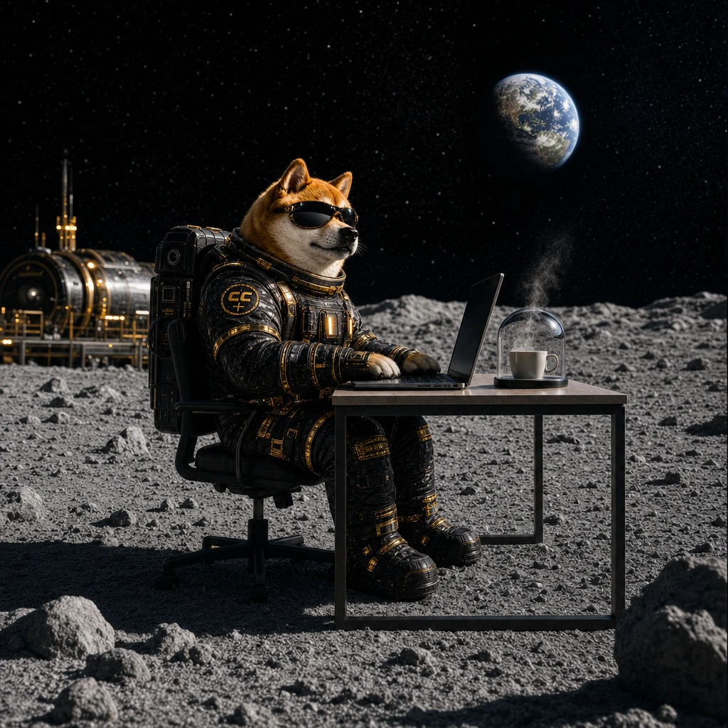 Official INULABS mascot working at a desk on the lunar surface in black sunglasses and a black-and-gold suit