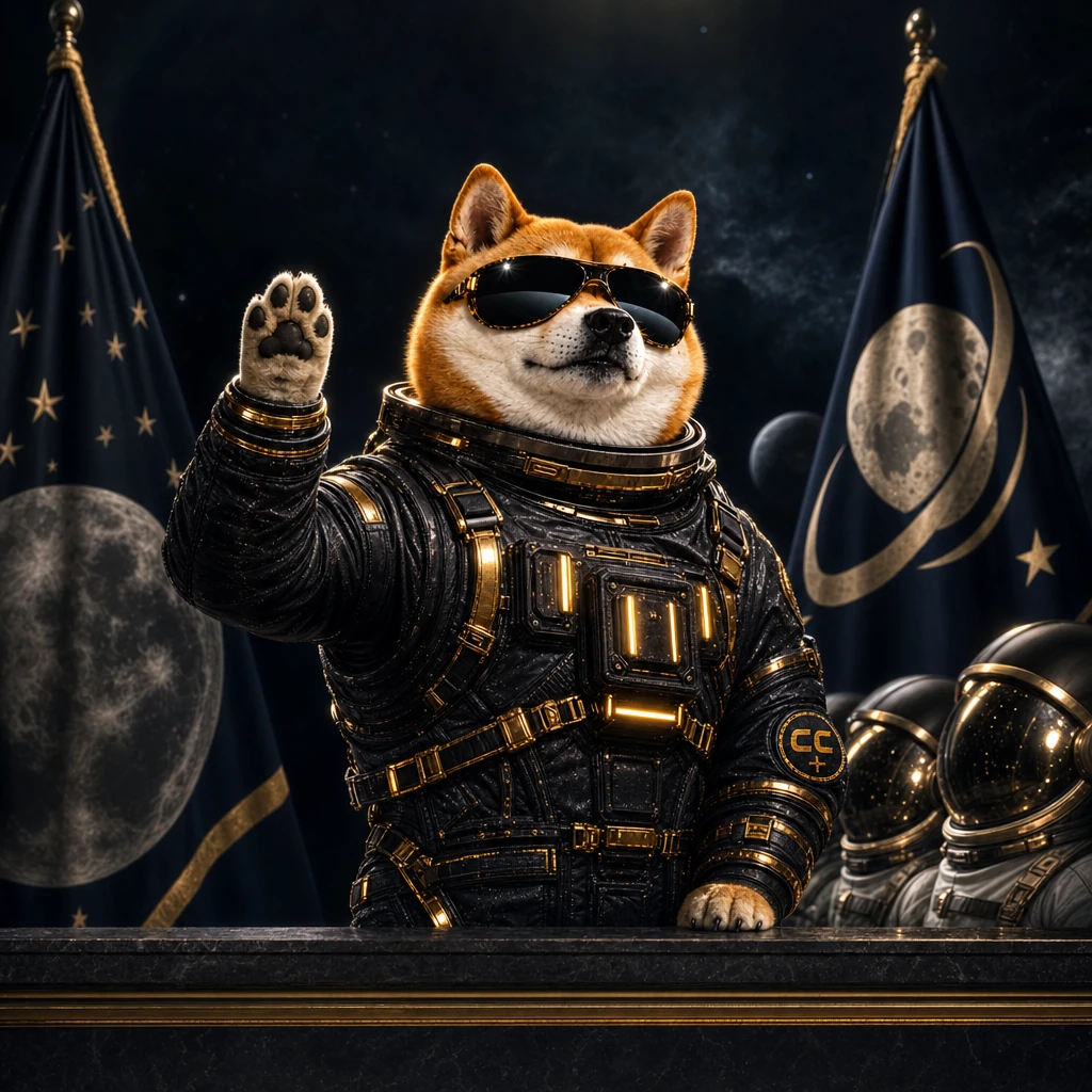 Official INULABS mascot raising a paw for an official lunar cabinet portrait in black sunglasses and a black-and-gold suit