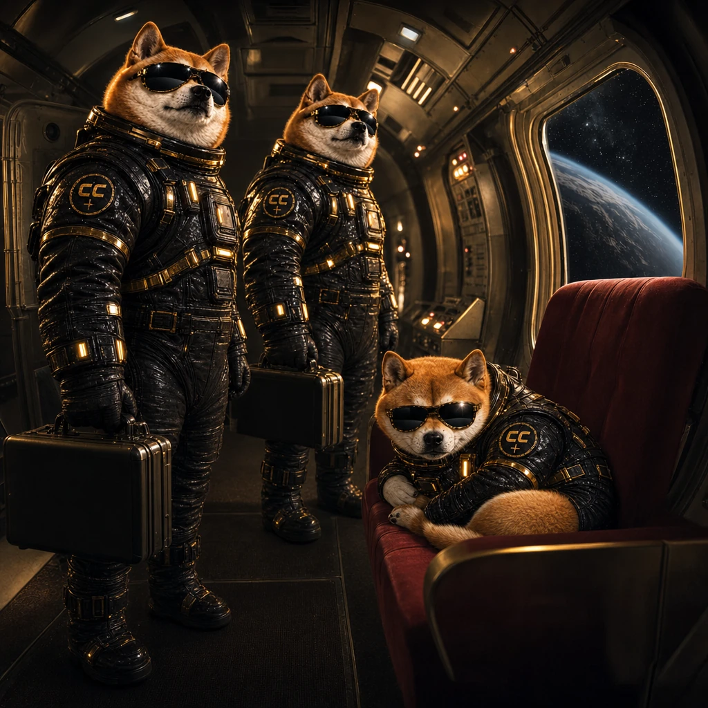 Official INULABS mascot sleeping in a red shuttle seat while astronauts stand in the aisle in black sunglasses and a black-and-gold suit