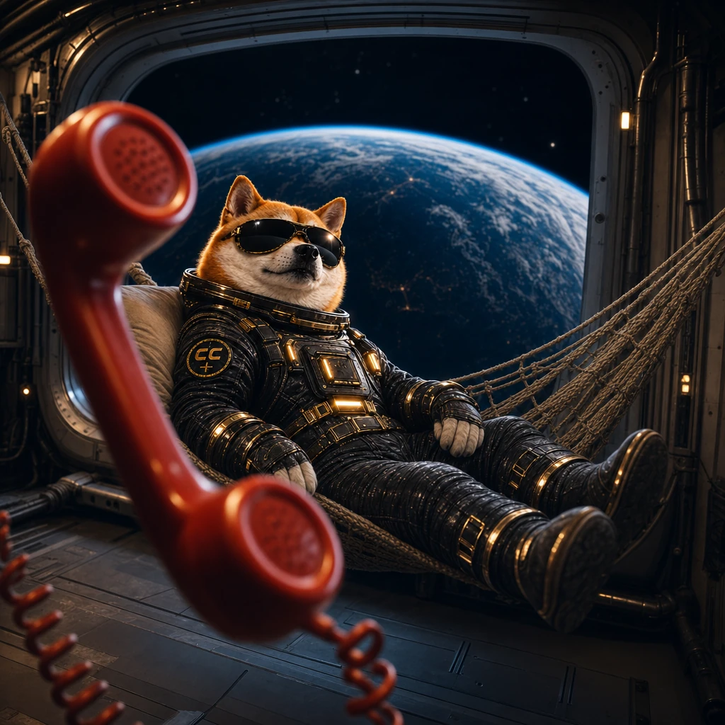 Floating red telephone beside a Shiba Inu napping in a space station