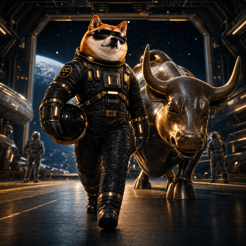 Official INULABS mascot walking past the Wall Street bull in black sunglasses and a black-and-gold suit